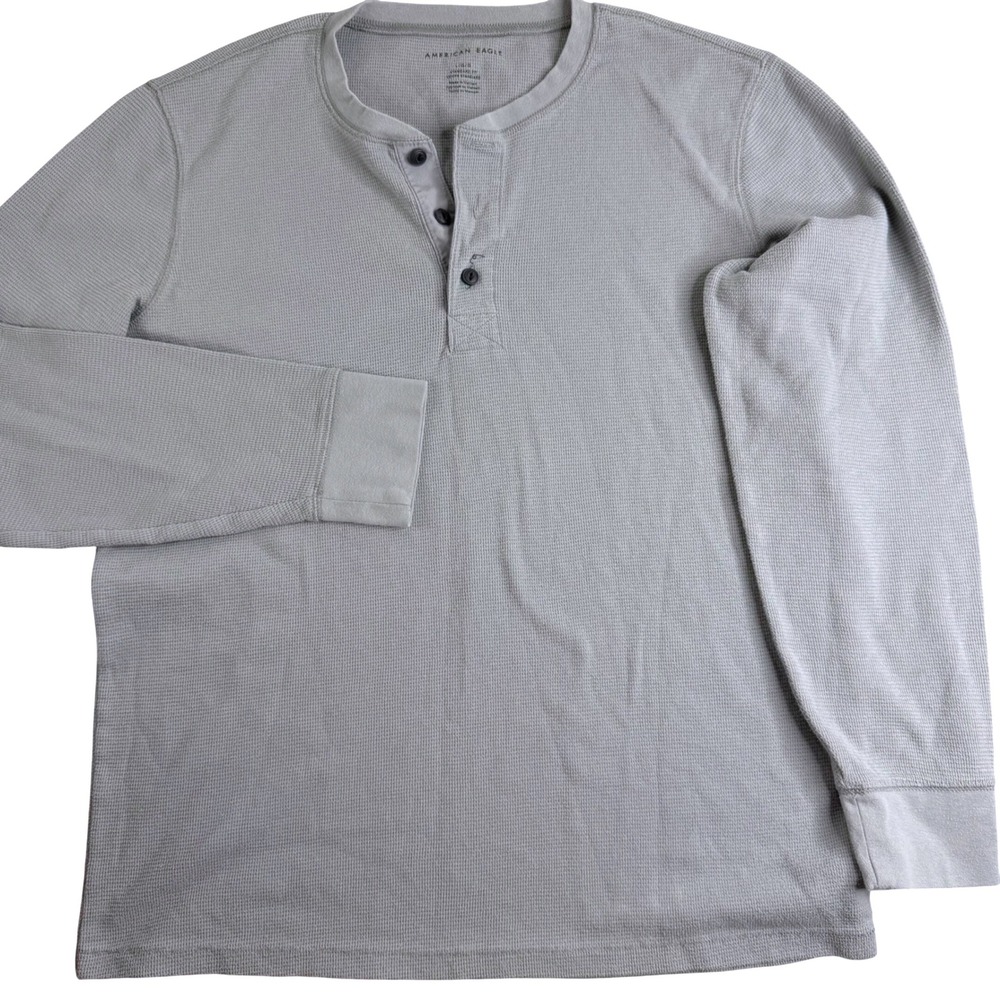American Eagle Mens L Grey Waffle Knit Henley Long Sleeve Thermal Shirt Standard